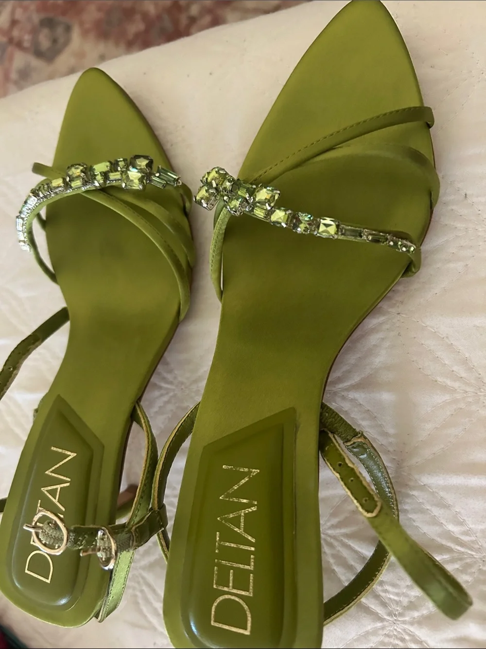 Delta Olive Green Jeweled Strap Pointed Toe Heels
